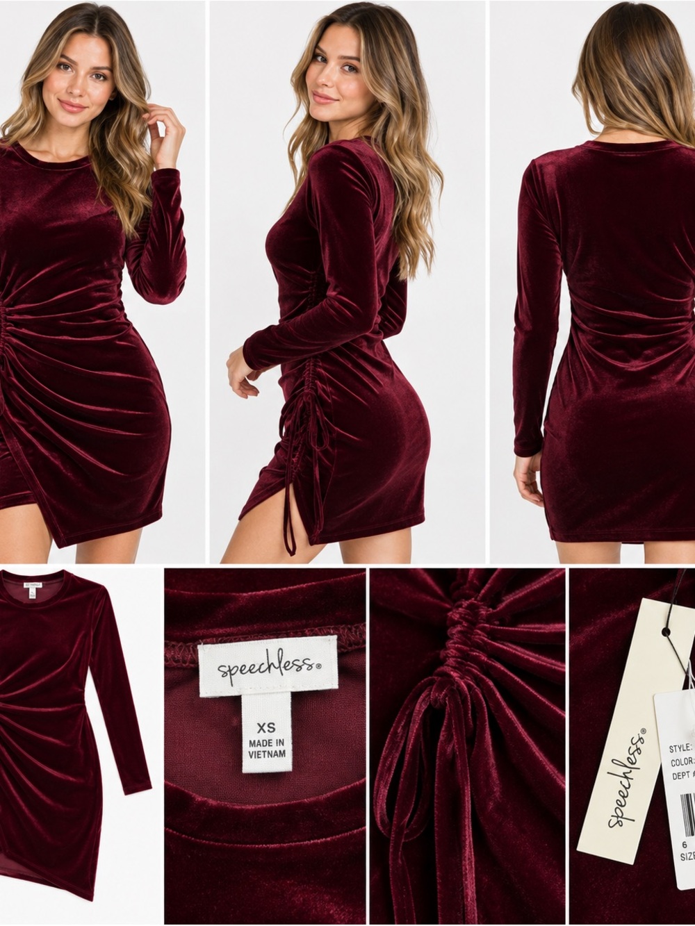 Speechless Burgundy Velvet Ruched Side Tie Mini Dress